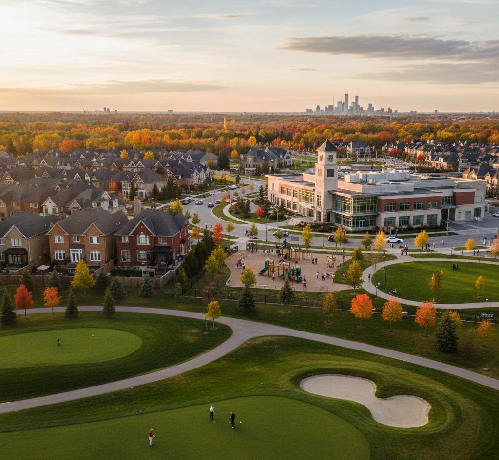 Aerial view of a Markham neighbourhood and community park