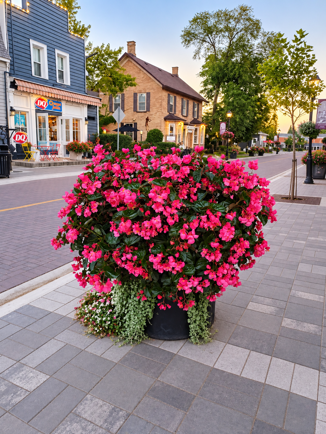 Markham streetscape with a bright flower planter